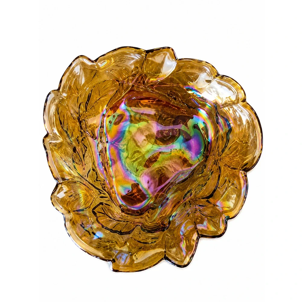 Vintage Iridescent Amber Carnival Glass Grape & Leaf Ruffled Bowl 7.75
